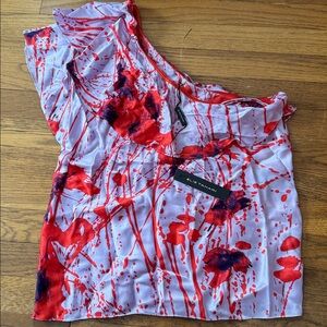 🏝️ Elie Tahari red/lavender print off the shoulder silk top. Size S. NWT.
